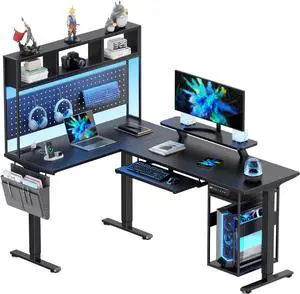 L Shaped Standing Desk Adjustable Height, 67" x 47" Corner Computer Desk with Host Shelf, Gaming Desk with LED Lights & Power Outlet, Dual Motor Home Office Desk with Storage, Black