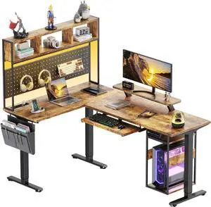 L Shaped Standing Desk Adjustable Height, 67" x 47" Corner Computer Desk with Host Shelf, Gaming Desk with LED Lights & Power Outlet, Dual Motor Home Office Desk with Storage, Rustic Brown