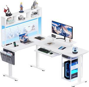 L Shaped Standing Desk Adjustable Height, 67" x 47" Corner Computer Desk with Host Shelf, Gaming Desk with LED Lights & Power Outlet, Dual Motor Home Office Desk with Storage, White