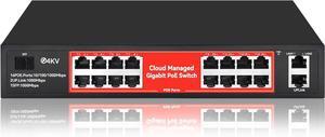 16 Port Gigabit PoE Switch, Smart Managed Gigabit Ethernet Switch, 16 PoE+ Ports@240W, Plug and Play, Vlan, Fanless, Desktop or Rackmount, Overload Protection w/ Port