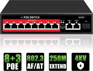 8 Port PoE Switch | 11-Port Unmanaged Network Switch with 8×PoE+@120W, 2×Gigabit Uplinks, 1.25G SFP, 250m Extend, Fanless Metal (Desktop/Wall Mount)
