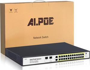 28 Port PoE Switch, 24 PoE+ Port@ 360W, 2 Gigabit Uplink, 2*1G SFP, 802.3af/at, Metal Casing 19-inch Rackmount, Overload Protection w/ Port, Unmanaged Plug and Play