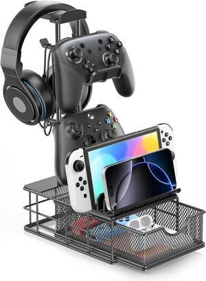 Headphone Stand with Drawer - Headset & Controller Holder for Desk - Aluminum Supporting Bar Earphone Stand with Cable Organizer - Universal Gaming PC Accessories Storage