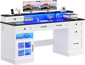 Executive Desk with File Drawer, Computer Desk with Monitor Stand, Home Office Desk with Drawers & Storage Cabinet, Writing Desk with Charging Station & LED Lights, White