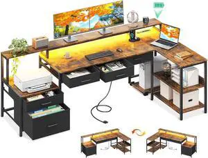 75" L Shaped Desk with 5 File Drawers, 75" Reversible L Shaped Computer Desk with Power Outlet & LED Strip, Office Desk with Storage Shelves, Gaming Desk with Monitor Shelf, Corner Desk, Rustic Brown