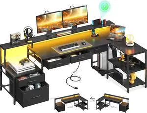 75" L Shaped Desk with 5 File Drawers, 75" Reversible L Shaped Computer Desk with Power Outlet & LED Strip, Office Desk with Storage Shelves, Gaming Desk with Monitor Shelf, Corner Desk, Black