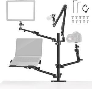 Overhead Camera Stand Desk Mount Rig with 4 Boom Arms for Photography Video Light Ring Light Phone Mount Webcam Mic Compact DSLR for Live Streaming Broadcast Online Teaching Meeting