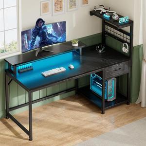 48" Computer Desk with Drawer and Shelves, Gaming Desk with LED Lights and Monitor Stand, Home Office Desks with Power Outlets for Living Room, Black
