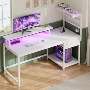 48" Computer Desk with Drawer and Shelves, Gaming Desk with LED Lights and Monitor Stand, Home Office Desks with Power Outlets for Living Room, White