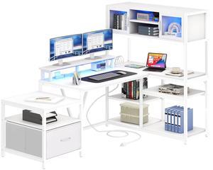 L Shaped Gaming Desk with LED Lights, Computer Desk with Power Outlets, Reversible Corner Gaming Desk with Drawers and Hutch for Home Office, White