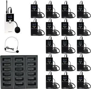 Wireless Tour Guide System, Tour Guide Headsets, Replaceable Battery, Type-C charging Port, Whisper System with Charger Base for Factory(1 Transmitter 17 Receivers)