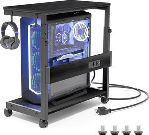 Height Adjustable Computer Tower Stand with Charge Station and USB Charging Port, 2-Tier ATX-Case Cart, Under Desk Mobile PC Stand, CPU Holder Cart with Locking Caster Wheels for Fits Most PC (Black)