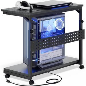 Computer Tower Stand with Power Strips, Height Adjustable PC Tower Stand/Cart with Wheels, Mobile Rolling CPU Holder, Computer Cart Side Stand for Computer Desk, 32", Carbon Fiber Black