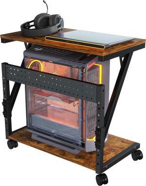 Computer Tower Cart - Height Adjustable PC Stand, 2-Tier ATX-Case CPU Holder Home Office Gaming Desk Accessories with Rolling Lockable Wheels, Laptop Table Standing Computer Desk, Rustic Black Brown