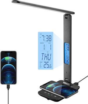 LED Desk Lamp with Wireless Charger, USB Charging Port, Table Lamp with Clock, Alarm, Date, Temperature, Desk Lamps for Home Office,Black
