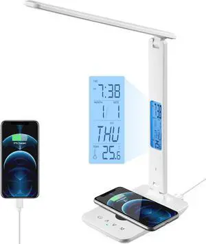 LED Desk Lamp with Wireless Charger, USB Charging Port, Table Lamp with Clock, Alarm, Date, Temperature, Desk Lamps for Home Office,White