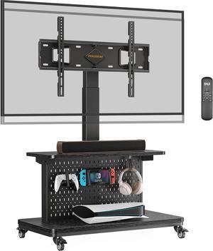 Motorized Mobile TV Stand on Wheels, Electric Height Adjustable TV Cart for 32-80 TVs up to 100 lbs, Rolling TV Stand with Remote Control, 4 Height Memory, ±35° Swivel with Pegboard Storage