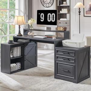 67" Home Office Desk, Modern Farmhouse Computer Desk with File Cabinet Letter T4 F4 Legal, Study Writing Desk, 67 Inch, Cool Black
