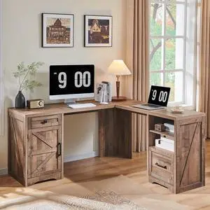 59" Home Office Desk, Modern Farmhouse Computer Desk with File Cabinet Letter T4 F4 Legal, Study Writing Desk, 59 Inch, Warm Brown
