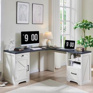 59" Home Office Desk, Modern Farmhouse Computer Desk with File Cabinet Letter T4 F4 Legal, Study Writing Desk, 59 Inch, Off White