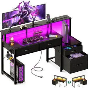 48" Computer Desk with 4 Drawers, 48 Inch Reversible Desk with Led Lights & Power Outlet, Office Desk with File Drawer & Monitor Stand, Work Table for Home Office, Black