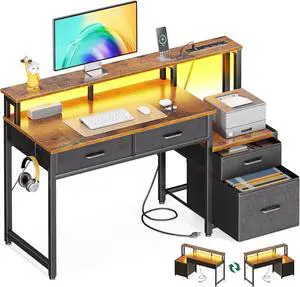 48" Computer Desk with 4 Drawers, 48 Inch Reversible Desk with Led Lights & Power Outlet, Office Desk with File Drawer & Monitor Stand, Work Table for Home Office, Brown