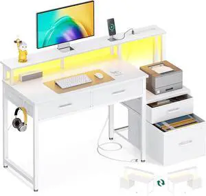 48" Computer Desk with 4 Drawers, 48 Inch Reversible Desk with Led Lights & Power Outlet, Office Desk with File Drawer & Monitor Stand, Work Table for Home Office, White