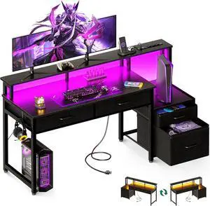 55" Computer Desk with 4 Drawers, 55 Inch Reversible Desk with Led Lights & Power Outlet, Office Desk with File Drawer & Monitor Stand, Work Table for Home Office, Black