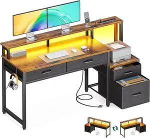 55" Computer Desk with 4 Drawers, 55 Inch Reversible Desk with Led Lights & Power Outlet, Office Desk with File Drawer & Monitor Stand, Work Table for Home Office, Rustic Brown