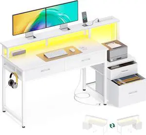 55" Computer Desk with 4 Drawers, 55 Inch Reversible Desk with Led Lights & Power Outlet, Office Desk with File Drawer & Monitor Stand, Work Table for Home Office, White