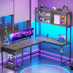 51.2" L Shaped Gaming Desk, Reversible Small Corner Desk with Drawer, Power Outlet & LED Lights, Computer Desk with Storage Shelves for Small Space, Grey