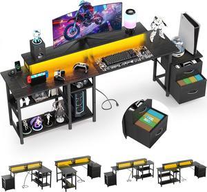 69.3" Long Computer Gaming Desk with Storage,Large Customizable Reversible L Shaped Office Desks with Power Outlets & LED Lights, Corner Gaming Table with Monitor Stand, Black