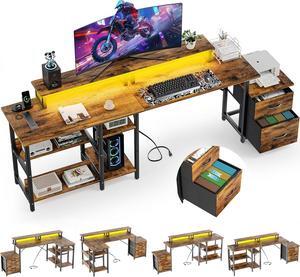 69.3" Long Computer Gaming Desk with Storage,Large Customizable Reversible L Shaped Office Desks with Power Outlets & LED Lights, Corner Gaming Table with Monitor Stand, Vintage