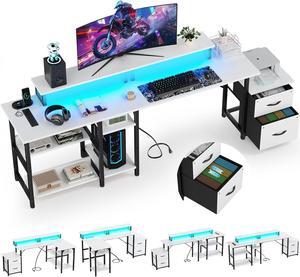 69.3" Long Computer Gaming Desk with Storage,Large Customizable Reversible L Shaped Office Desks with Power Outlets & LED Lights, Corner Gaming Table with Monitor Stand, White