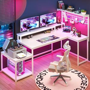 56" L Shaped Gaming Desk with Storage Shelf & Hooks,Computer Corner Desk with LED Lights & Power Outlets,Gaming Table with Monitor Stand & Print Stand for for Bedroom,Home Office,White