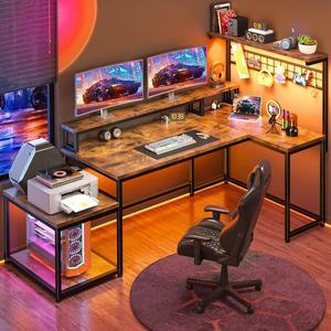 63" L Shaped Gaming Desk with Storage Shelf & Hooks,Computer Corner Desk with LED Lights & Power Outlets,Gaming Table with Monitor Stand & Print Stand for Bedroom,Office,Rustic Brown