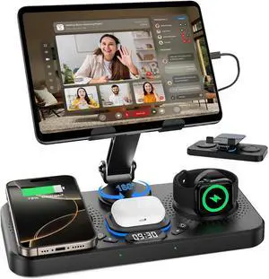 Charging Station for Apple Products, Foldable Wireless Charger with Clock Display& 7 Color Ambient Light, for iPad/Tablet Charging Station for iPhone16/15/14, for Apple Watch10/9 for AirPods4/3(Black)