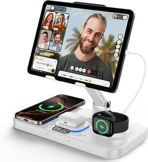 6 in 1 Wireless Charger for Apple Device, Foldable Charging Station for ipad with Clock Display & 7 Color Ambient Light, Wireless Stand Charger for iWatch Series/iPhone 16/15/14/AirPods 4/3(White)