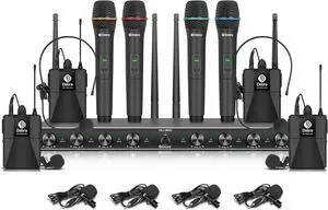 UHF 8 Channel Wireless Microphone System with Cordless Handheld Lavalier Headset Mics, Metal Receiver, Ideal for Karaoke Church Party (4 Handheld & 4 Bodypack)
