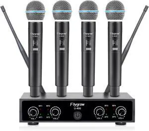 Pro Wireless Microphone System, 4 Channel UHF Wireless Mic, Fixed Frequency Metal Cordless 4 Handheld Dynamic Microphones for Home Karaoke, Meeting, Wedding,250ft Range (4 Handheld)