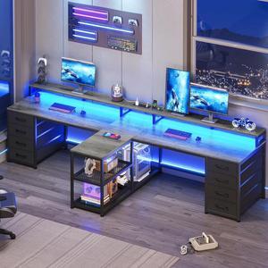 94.5" 2 Person Gaming Desk, Long Office Computer Desk with 8 Drawers & LED Lights, Two Person Desk with Storage, Power Strip & Monitor Stand for Home Office, Grey