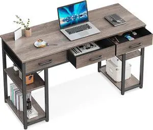 Office Small Computer Desk: Home Table with Fabric Drawers & Storage Shelves, Modern Writing Desk, Grey Oak, 48"x16"
