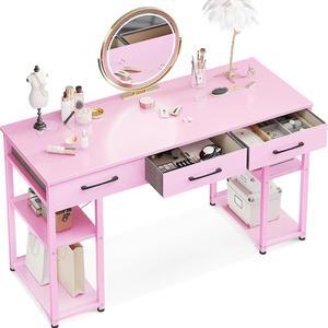 Office Small Computer Desk: Home Table with Fabric Drawers & Storage Shelves, Modern Writing Desk, Grey Oak, 48"x16" - Pink (No Mirror)