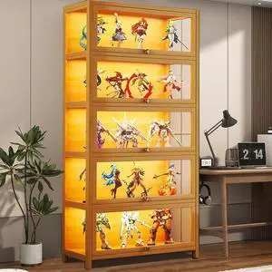 Curio Display Cabinet with Acrylic Glass Doors, 5-Tier Display Case, Collectibles Toy Organizers Rack & Display Shelf, Kids Bookcase for Home, Playroom, Living Room - Brown