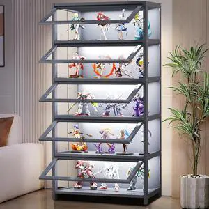 Curio Display Cabinet with Acrylic Glass Doors, 5-Tier Display Case, Collectibles Toy Organizers Rack & Display Shelf, Kids Bookcase for Home, Playroom, Living Room - Grey