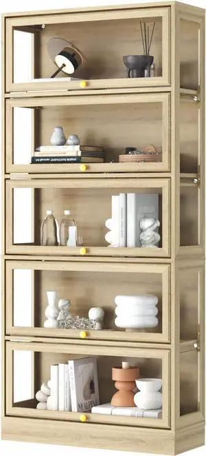 Display Cabinet with Acrylic Glass Doors,5-Tiers Curio Cabinet with LED Lighting for Collectibles, Collectibles Toy Organizers Rack & Display Shelf Display Case Storage Cabinet, Natural