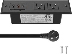 Recessed Power Strip with 20W USB C Port, Fast Charging USB A Port Desk Outlet, Furniture Hidden Charging Station for Side Table, End Table, with 6FT 45 Degree Flat Plug Extension Cord, Black