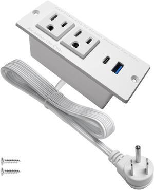 USB C Recessed Power Strip Fast Charge Desktop Power Station 2 Outlets 2 USB (PD20W & QC18W, Total 20W) Mountable Flat Plug Extension Cord Mount for Tabletop Sofa Cabinet Nightstand (USB C White)