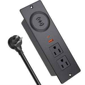 Recessed Power Strip with 15W Wireless Charger, Haiaoyyds Flush Mount Power Strip with 2 Outlets, 2 USB, and 6.56FT Flat Plug Cable, Furniture Recessed Outlet for Drawer, End Table, Sofa, Cabinet