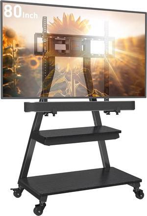 Mobile TV Stand with Soundbar Mount, Rolling Floor TV Stand with Wheels for 43-80" TVs up to 132lbs, Mobile TV Cart with Storage Shelves, Tilt Swivel Corner TV Cart Max VESA 600x400mm
